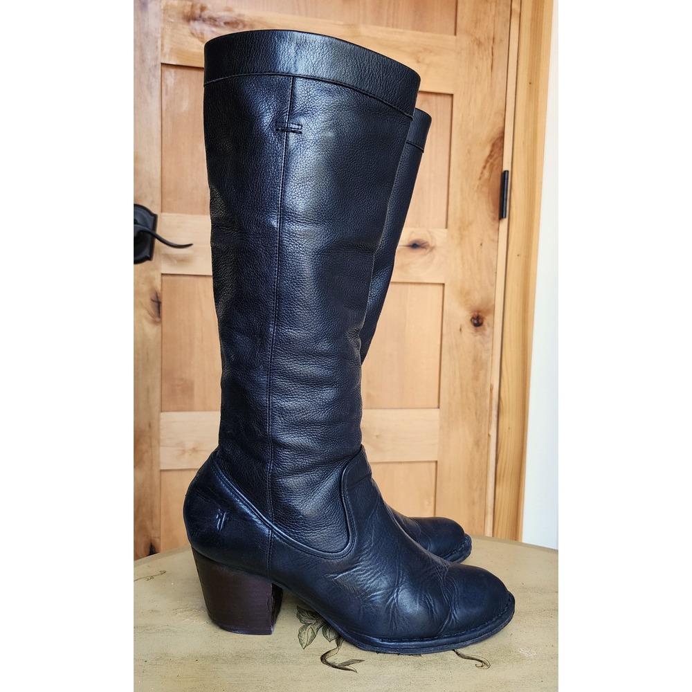 Frye Sz 10 Black Leather Tall Block Heel Boots Western Minimalist Knee High Fall
